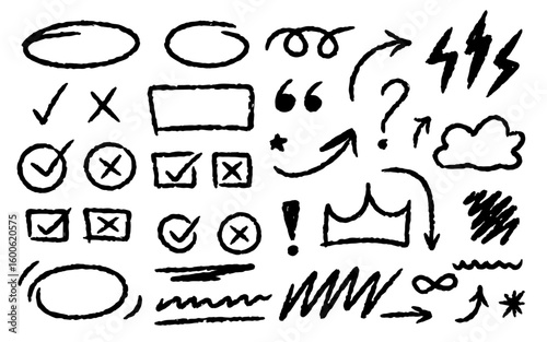 Hand drawn doodles including arrows, circles, check boxes and scribbles etc made with chalk/crayon brush having rough texture
