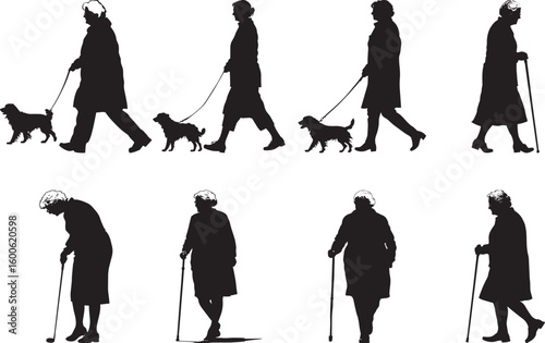 A senior woman walking leisurely with a dog on a leash, depicted in a full-length black silhouette.