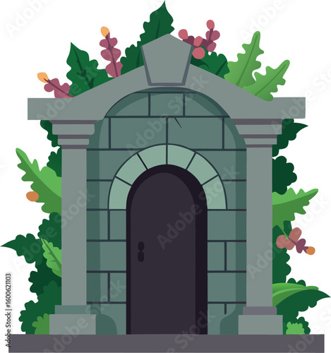 Old stone crypt entrance transformed into a mini haunt isolated on transparent background