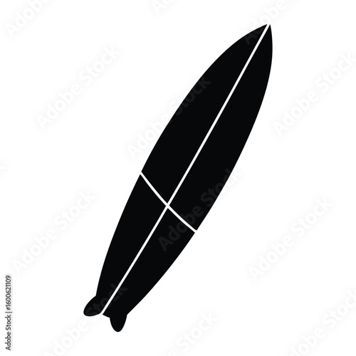 Black surfboard silhouette with white lines on a white background