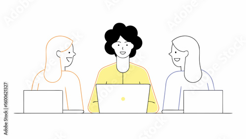 Vector Diverse group of women working together at laptops, smiling and collaborating in modern office