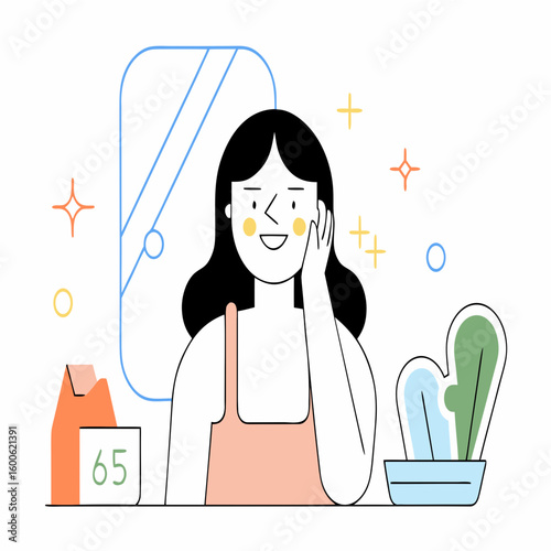Vector Beautiful Asian woman with smooth skin is touching her face gently, smiling with confidence
