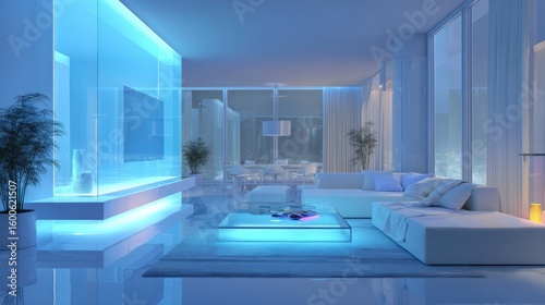 Modern living room interior design featuring sleek furniture, illuminated glass elements, and a tranquil atmosphere, showcasing contemporary aesthetics and innovative lighting solutions