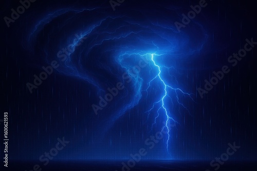 Dramatic storm cloud formation with swirling patterns and bright blue lightning striking down, creating an intense atmosphere of nature's power and energy