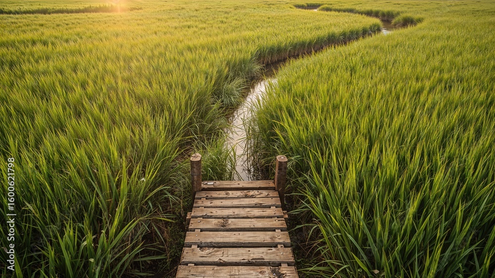 Obraz premium Scenic Wooden Walkways Across Rice Terraces