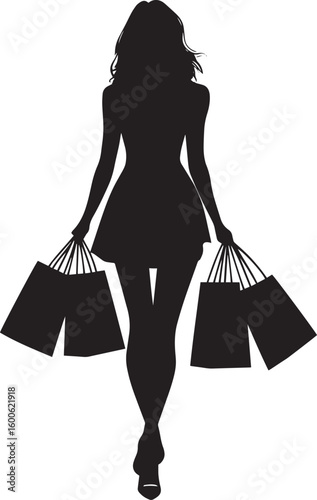 A woman holding shopping bags in both hands, shown in a full-length silhouette.