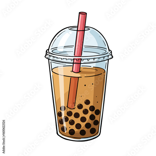 Bubble tea with tapioca pearls in clear plastic cup and straw  