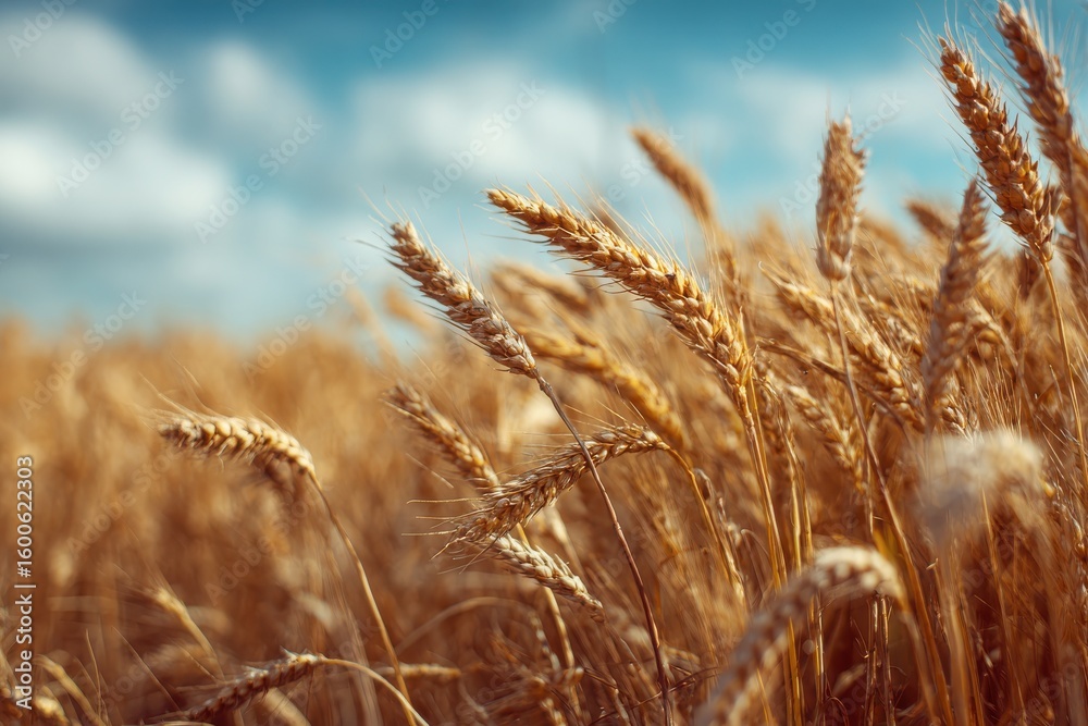 Fototapeta premium Golden wheat field close-up, bright sunny blue sky with fluffy white clouds backdrop