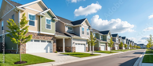 Modern suburban homes line peaceful street, showcasing well maintained lawns and clear blue skies. inviting atmosphere evokes sense of community