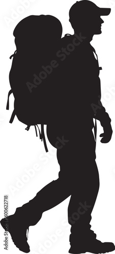 Silhouette of a Hiker with a Backpack Full-length black vector illustration of a man walking with a large pack.