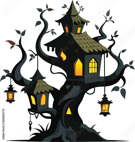 Spooky treehouse draped in vines and illuminated by lanterns isolated on transparent background