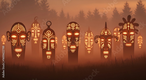Glowing Tribal Masks in Sunset Mist