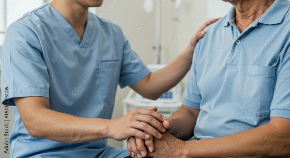 Fototapeta premium Caring worker comforts senior patient, hand on shoulder, reassurance