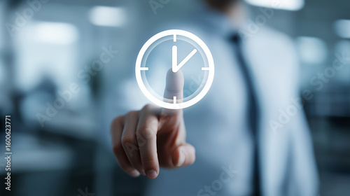Businessman Touching Time Clock Icon Symbolizing Effective Time Management, Work Schedule Tracking, Employee Attendance, Productivity Optimization