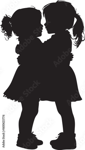Silhouette of a Child Hugging Full length black vector illustration of a child wrapping their arms around a friend or sibling.