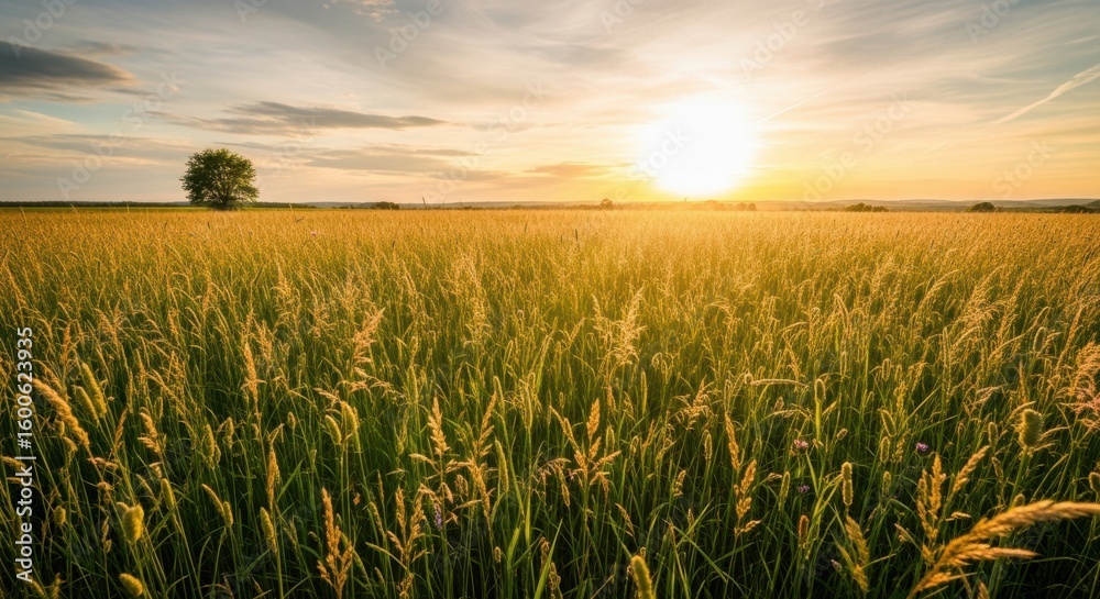Fototapeta premium Golden Wheat Field Under A Warm Setting Sun