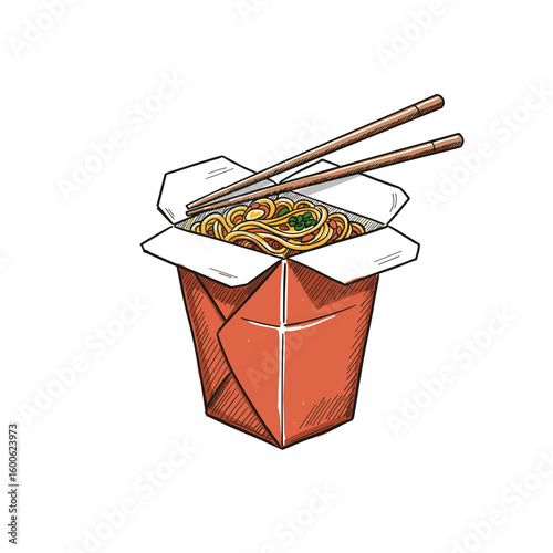 Takeout box of noodles with chopsticks on white background  