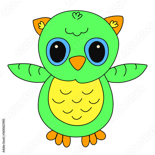 Bild auf Leinwand Funny green owl with raised wings and big eyes