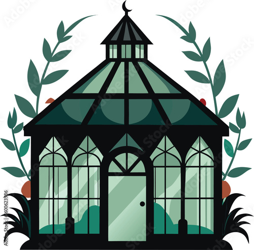 Victorian greenhouse transformed into a spooky haunted conservatory isolated on transparent background