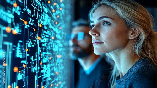 Woman and man inspecting complex glowing digital screen, concept of future technology