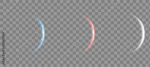 Futuristic Light Effect Crescent Shapes Set. Blue, Red And White Lens Flare Vector