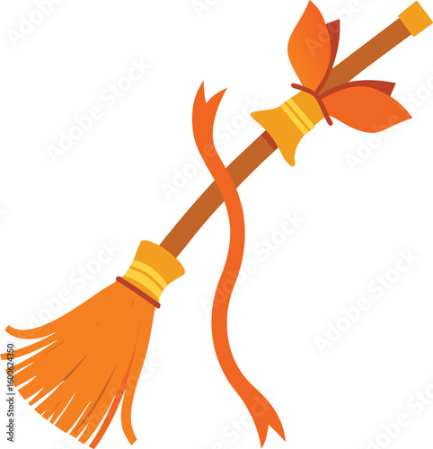 Collection of witch brooms tied with orange ribbons isolated on transparent background