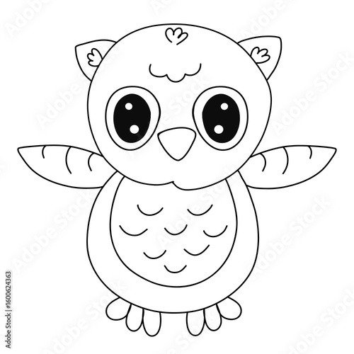 Funny owl with raised wings and big eyes, black outline