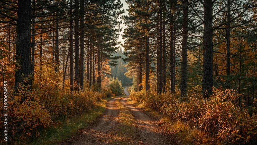 Fototapeta premium Autumn trail surrounded by pine trees and vibrant hues