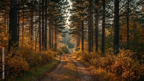 Autumn trail surrounded by pine trees and vibrant hues