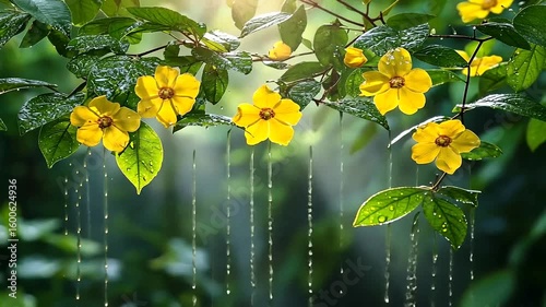 Yellow flowers and foliage under gentle rainfall, a serene nature scene with light rays
