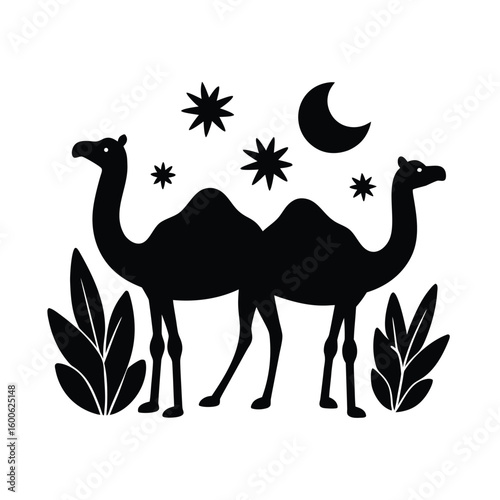 Two camels with plants, moon, and stars