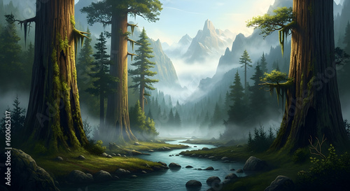 Mystical Forest Landscape with River and Fog