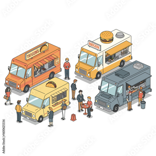 Isometric Illustration of Four Diverse Food Trucks: Tacos, Burgers, and More