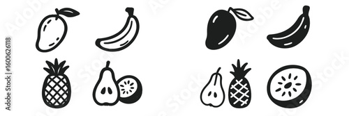 Variety of hand-drawn fruits including mangoes, bananas, pineapples, and pears on a white background