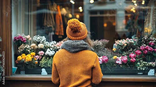 Young woman admiring flower shop display, wearing a cozy scarf and beanie hat