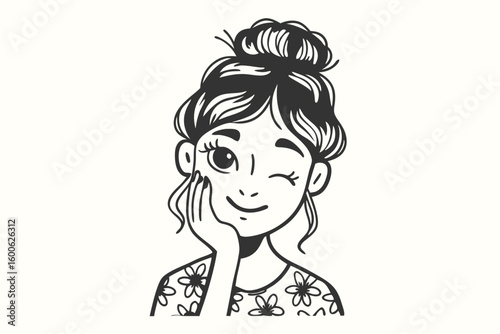 Winking young woman rests her head on hand wearing a floral top