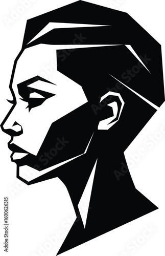 Vector art of a stylized black and white geometric silhouette of a womans profile showcases a modern and bold artistic design isolated on transparent background