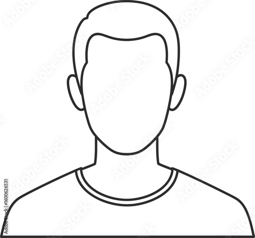 Vector art of a simple black and white line drawing outline of a mans head and shoulders presents a blank anonymous profile isolated on transparent background