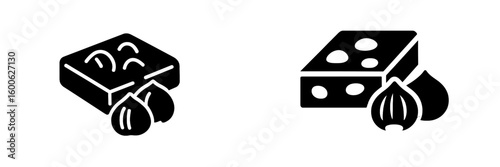 Diverse cheese icons featuring different textures and toppings presented in black and white style