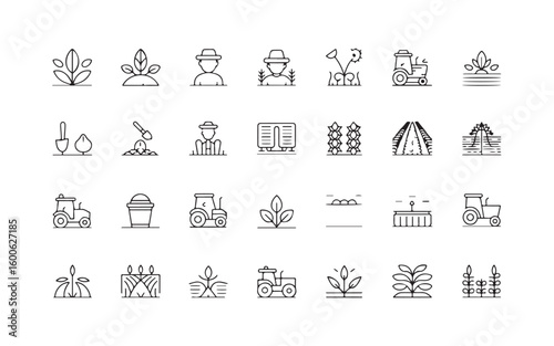 Collection of black line art icons representing agriculture and farming tractor farmer
