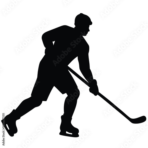 Hockey Player Silhouette Skating with Stick Ready to Shoot or Pass Puck