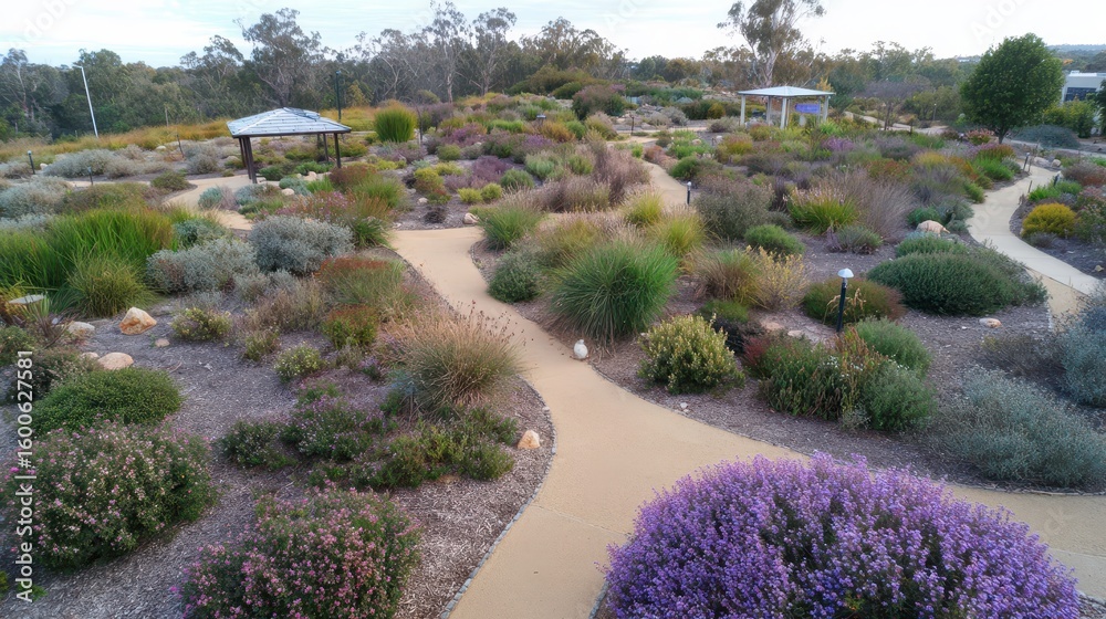 Obraz premium A landscaped garden with winding pathways and various drought-tolerant plants.