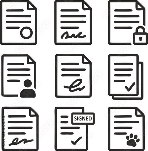 set of vector icons depicting different types of documents: signed, with seals, with check marks, protected, with user profile, with the label "SIGNATURE"