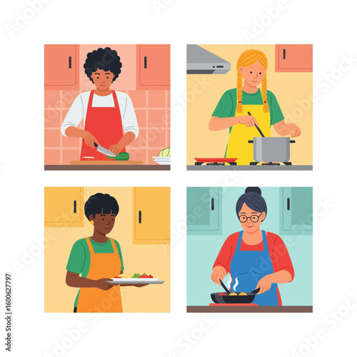 cooking at kitchen  - Flat Style 2D Vector Illustration of Everyday Life Scene