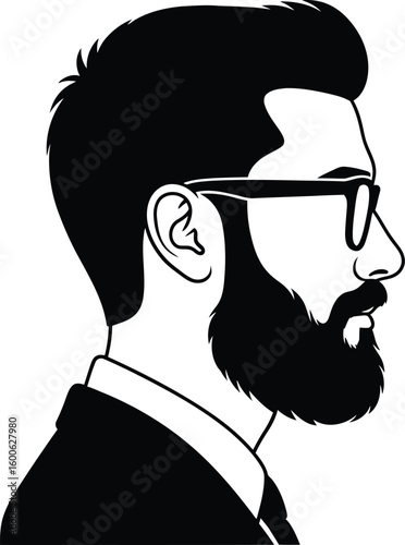 Vector art of a black and white illustration of a man in profile wearing glasses and a suit with a beard isolated on transparent background