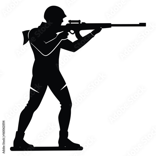 Silhouette of Biathlete Aiming Rifle during Winter Biathlon Competition Practice Session