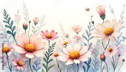 Watercolor Flowers Border with Pink Petals and Yellow Centers