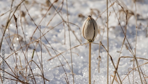 Withered milkweed husk post a lengthy winter period