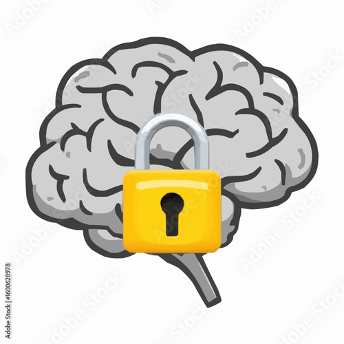 Brain with a yellow padlock symbolizing secured knowledge  