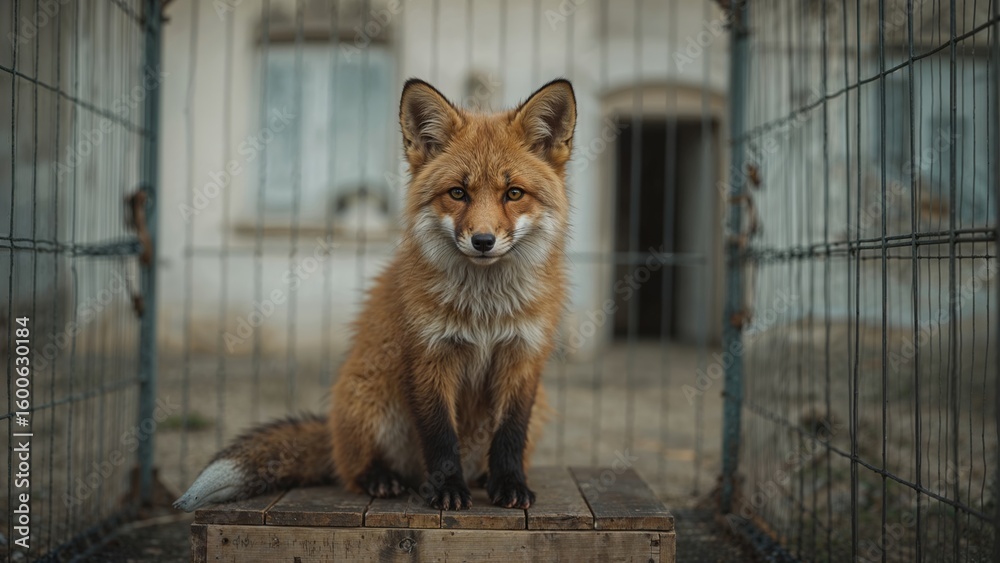 Naklejka premium Fox sitting atop a wooden box in an outdoor fenced area